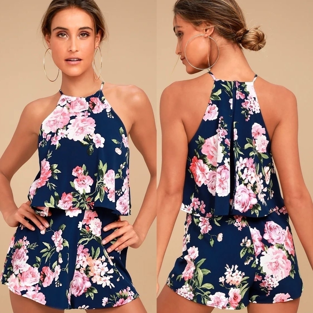 NWT Lulus In the Garden Navy Blue Floral Print Romper